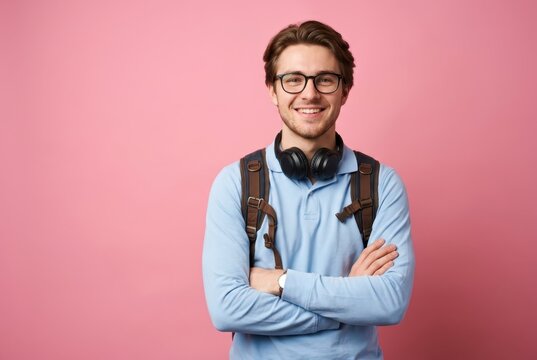 Smiling Young Male Student with Backpack and Headphones Standing Against Pink Background