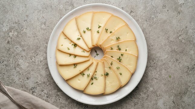 Slices of gourmet cheese arranged in a circle on a white plate garnished with fresh green herbs