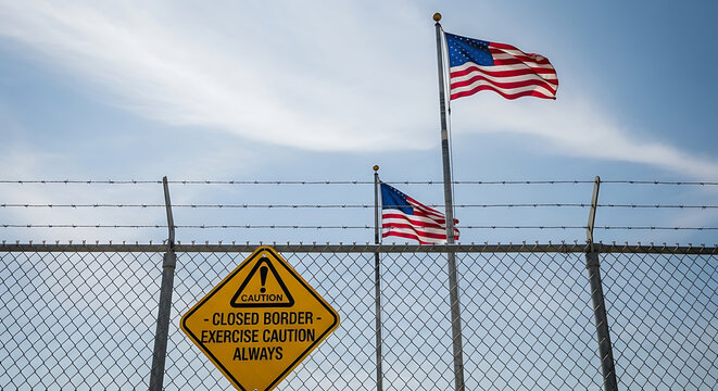 American and british flags on barbed wire fence
