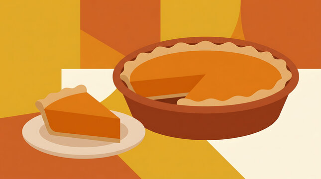 Minimalist pumpkin pie illustration with a slice on a plate