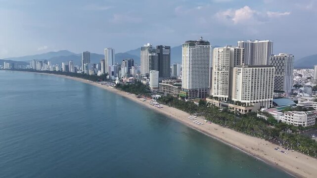 Aerial view of Nha Trang city skyline with beach scenery in Vietnam