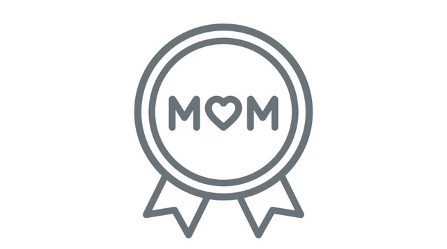 Minimalist grey badge icon featuring the word mom with a heart replacing the letter o