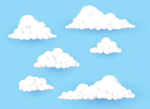 Fluffy White Clouds in Blue Sky, Soft Cloud Collection Weather Vector Illustration