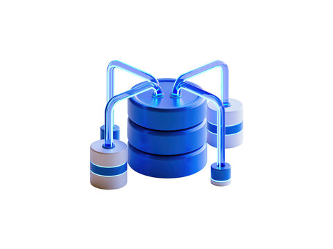 Blue database server icon with connected data nodes for cloud computing and network storage