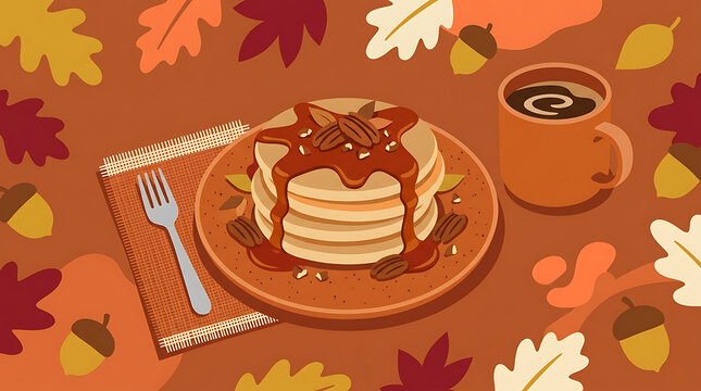 Cozy autumn breakfast with pancakes and coffee among fallen leaves