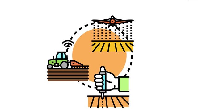 Agriculture career concept showing smart farming technology with a drone spraying fields, a tractor cultivating soil, and a hand using a device for planting seeds