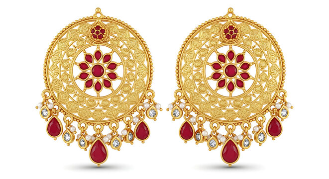 Gold traditional earrings with red stones