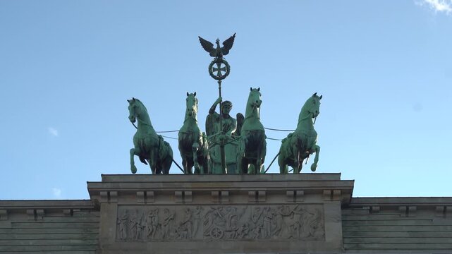 Quadriga Statue on Brandenburg Gate Close Up Clear Blue Sky