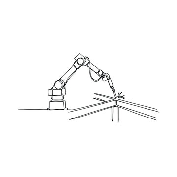 Robotic arm welding metal plate linear drawing on transparent background
