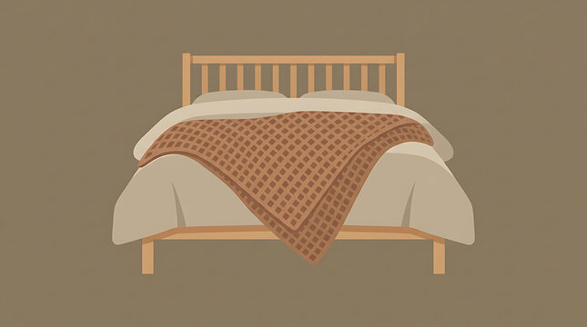 Minimalist wooden bed with cozy bedding and brown patterned blanket