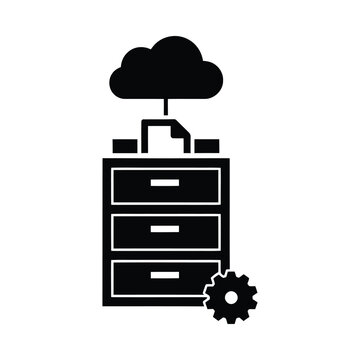 File cabinet with cloud upload and gear silhouette on transparent background