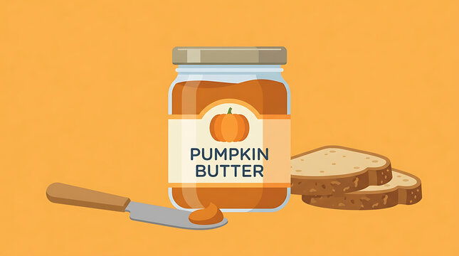 Jar of pumpkin butter with bread slices and knife on orange background