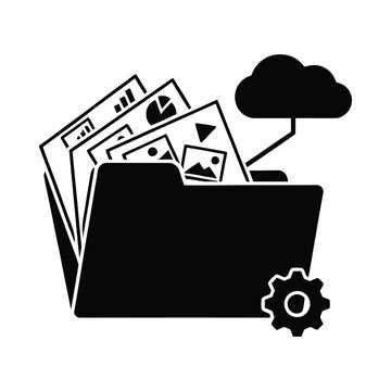 Open folder with documents cloud and gear icon on transparent background