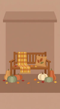 Autumn porch scene with wooden bench and colorful pumpkins