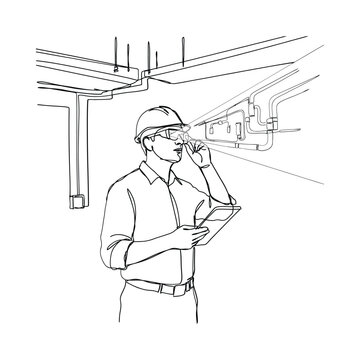 Engineer wearing safety glasses and helmet with pipes on transparent background