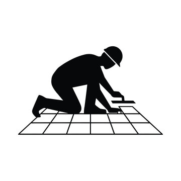Worker installing tiles on knees black silhouette on transparent background