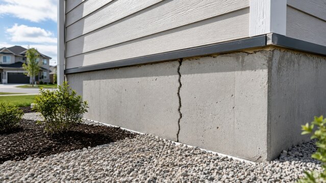 Visible crack in concrete house foundation illustrating poor construction quality, structural damage, building settlement and costly home repair.