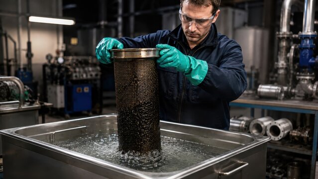 Technician wearing protective equipment cleans a contaminated metal filter in an ultrasonic bath during industrial maintenance.