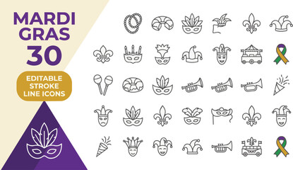 Mardi gras icon set with carnival symbols with line on transparent background Editable Stroke. © icon_vectors