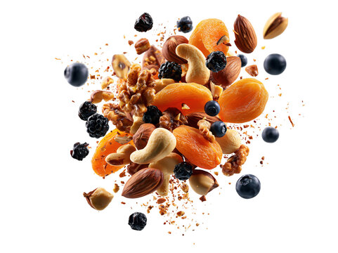 Explosion of mixed nuts and dried fruits isolated on white background