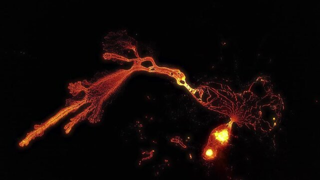 Aerial view of glowing lava flowing from a volcanic eruption in Iceland.