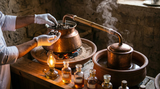 Traditional distillation process with gloved hands adding botanicals to copper alembic, ancient laboratory with small glass bottles, herbal extract preparation.