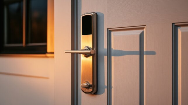 Modern door handle and lock system on a closed white door illuminated by warm light, casting a shadow on the door surface.