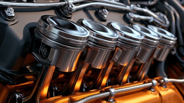 Close-up of shiny engine pistons inside a high-performance internal combustion engine, highlighting mechanical details and metallic textures.