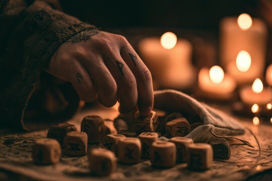 Hand Selecting Wooden Rune Stones from Pouch During Mystical Divination Ritual