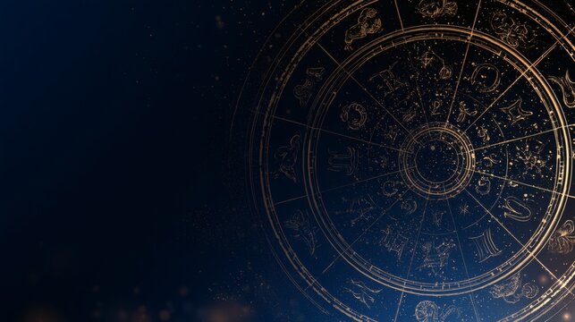 Golden Zodiac Wheel on Dark Blue Background with Elegant Astrology Symbols