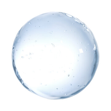 3D illustration of a blue cosmetic gel sphere with air bubbles and water drop