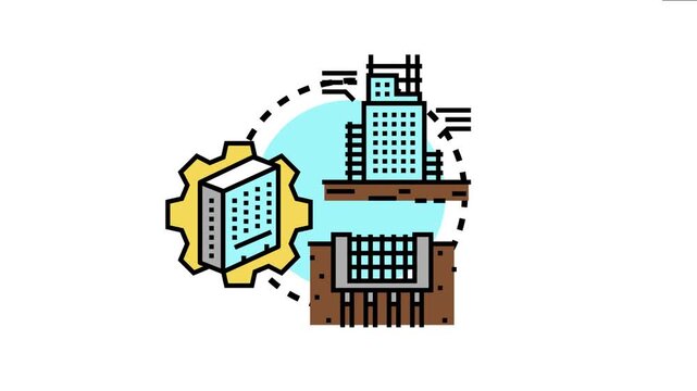 Building process illustrates the stages of creating a stable foundation, from initial groundwork with piles and rebar to the erection of a multi story structure and a finished commercial property