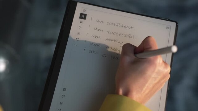 Woman writing positive affirmations on digital paper tablet screen with stylus pen.