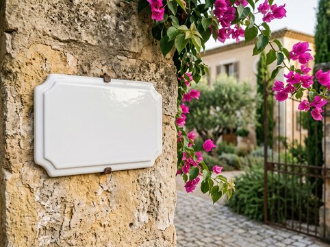 Blank white plaque on ancient stone wall, vibrant bougainvillea framing charming European villa entrance, customizable nameplate concept.