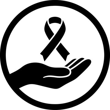 Black awareness ribbon symbol held in human hand as simple vector icon for charity support and medical cause advocacy isolated on flat white background for web design