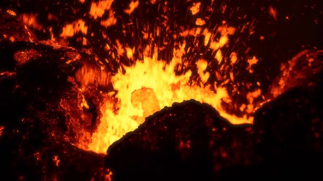 Aerial view of molten lava erupting from a volcano with glowing sparks and dark volcanic rock in Iceland.