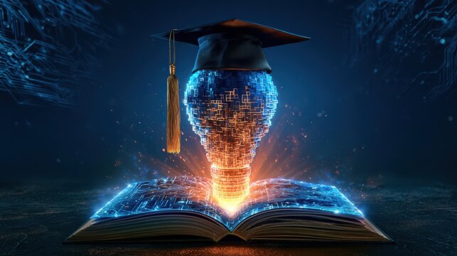 A digital lightbulb wearing a graduation cap emerges from a glowing open book, symbolizing knowledge, education, and innovation through technology.