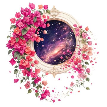 Ornamental framed window looking into a deep cosmic starry night galaxy surrounded by blooming pink bougainvillea flowers suitable for wall art tote bags and greeting cards isolated on white
