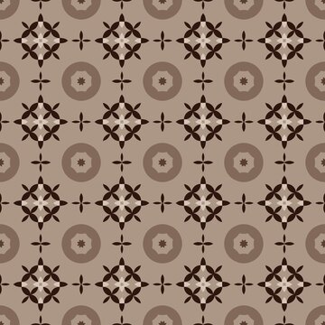 Geometric pattern with brown circular and diamond motifs. Repeat design features symmetric shapes and cross elements. Suitable for wallpaper, textiles, or branding backgrounds