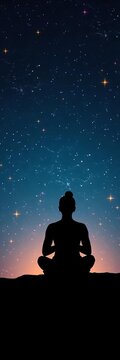 Silhouette sitting amidst twinkling stars, hands clasped in meditation pose, celestial, peaceful