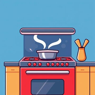 Stylized kitchen stove icon with steam effect, simple, fog