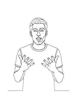 A man with short hair wearing a crew-neck t-shirt, hands raised in an expressive continuous line drawing on a stark white background, capturing a moment of sudden realization