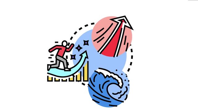 Illustrated concept showing a person running on an upward graph, a powerful wave, and a soaring red arrow, representing progress, acceleration, and achieving continuous growth