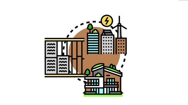 Different building types connecting with renewable energy sources like wind turbines and solar panels illustrate the concept of transforming structures for improved ecological footprint and sustainabl