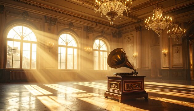 Vintage Gramophone in Sunlit Ballroom - A Nostalgic Echo.