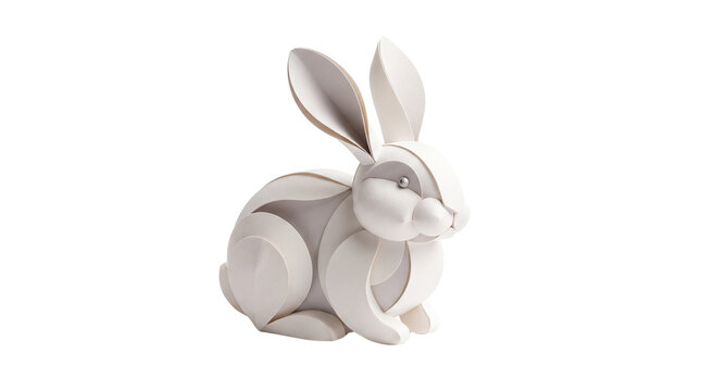 Minimalist white paper rabbit sculpture, elegant origami bunny figurine, modern papercraft animal art on white background