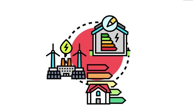 Building energy optimization platform concept, calculating and managing house electricity consumption with renewable sources like wind turbines and solar panels for sustainability and efficiency