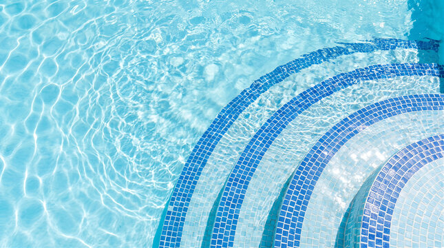 Swimming pool steps with blue mosaic tiles and clear rippling water surface background