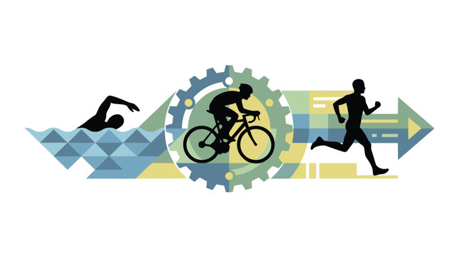 Triathlon athletes silhouettes swimming cycling and running.