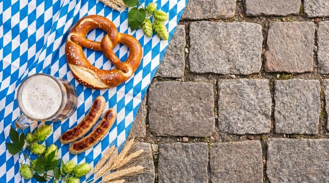 Mug of beer, pretzel and grilled sausage on pavement background decorated with Bavarian blue and white diamond pattern. German cuisine and Octoberfest treat. Flat lay for banner with copy space